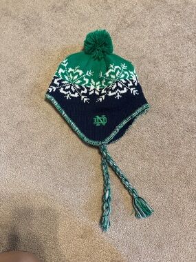 Notre Dame Green and Navy Knit Pom Earflap Hat with Tassels